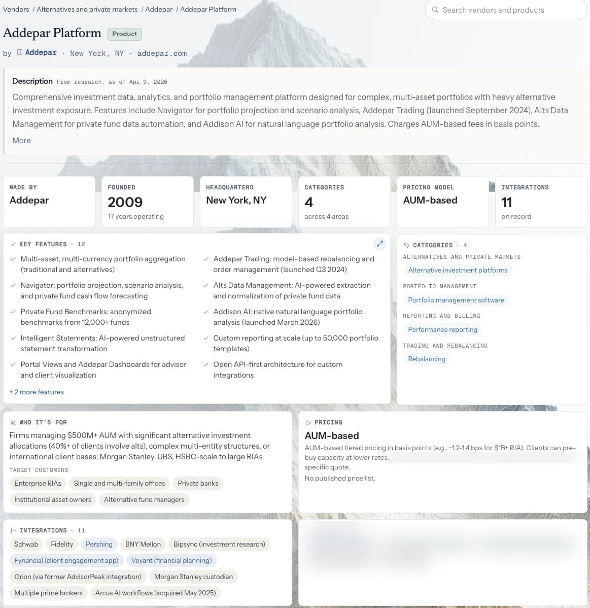 The Addepar Platform product page: key features, target customers and integrations.